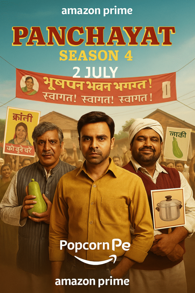 "Panchayat Season 4 poster featuring Pradhan ji, Bhushan, and Sachiv ji with election symbols Lauki and Pressure Cooker β Amazon Prime release July 2"