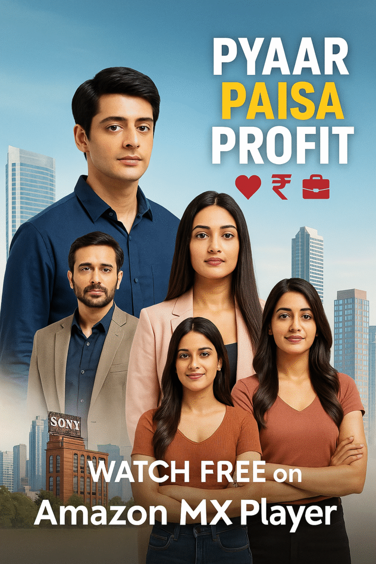 Pyaar Paisa Profit web series poster with Mihir Ahuja, RJ Mahvash and other cast members in front of a city skyline, with the title and Amazon MX Player logo.